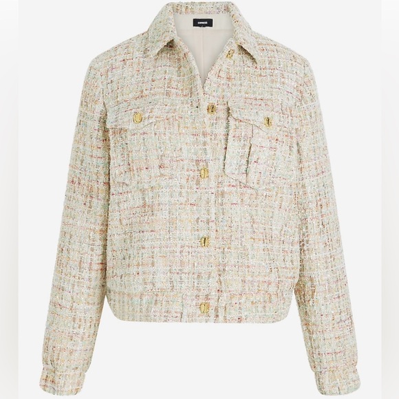 Sequin Tweed Novelty Button Cropped Bomber Jacket - Picture 5 of 8